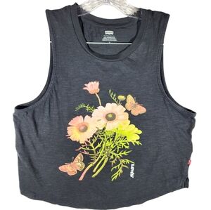 Levi's Floral Black Sleeveless Crew Neck Tank Top